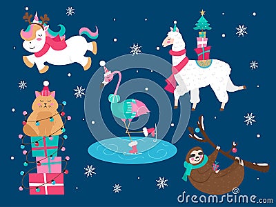 Christmas animals cat sloth unicorn flamingo set Vector Illustration