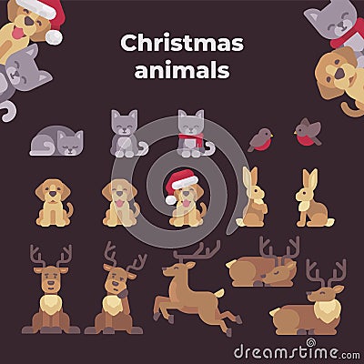 Christmas animals collection. Cute animals flat illustration Vector Illustration