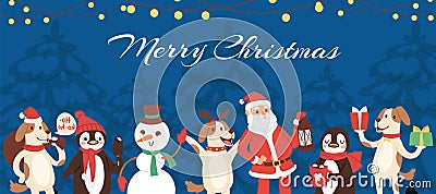 Christmas animals, santa and snowman cartoon banner with gifts for winter holidays greeting card vector illustration. Vector Illustration