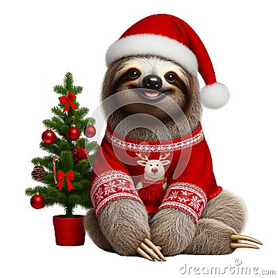 A cute Bradypus in Christmas clothes on a white background with png file with transparent background attached Stock Photo