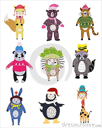 Christmas Animals set cute fox, bear, cat, panda, hedgehog, raccoon, rabbit, penguin, giraffe. Hand drawn collection Cartoon Illustration