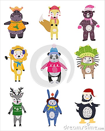 Christmas Animals set cute hippo, fox, bear, lion, panda, hedgehog, deer, rabbit, penguin. Hand drawn collection Vector Illustration