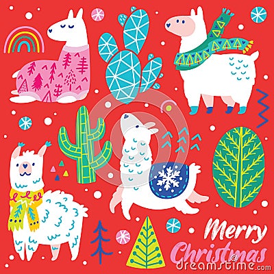 Christmas animals set with cute llamas, alpacas, trees and cactuses Vector Illustration