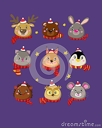 Christmas animals stickers. New Years clipart set hand drawn style - cute bear, mouse, rabbit, holiday, squirrel, deer Vector Illustration