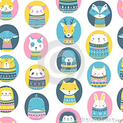 Christmas animals in ugly sweaters. Cute vector seamless pattern in hand drawn scandinavian cartoon style. Colorful palette Stock Photo