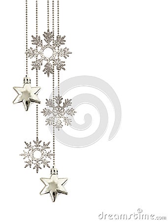 Christmas arrangement with hanging decorative silver stars and glitter snowflakes Stock Photo