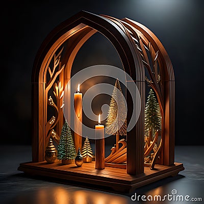 Christmas arrangement with modern wooden arch and several pine trees and candles Stock Photo