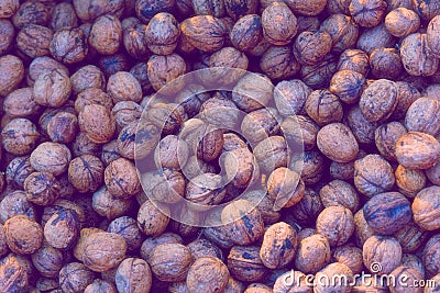 Christmas arrangement of walnuts, background. Women`s hobby. Preparations for the holidays concept. Stock Photo