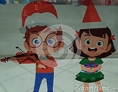 Christmas Artwork: Glass Painting on Caroling Kids Stock Photo