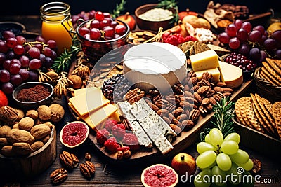 Christmas assortment of cheese, fruits, nuts appetizers Christmas table decor snack arrangements Stock Photo
