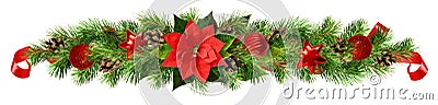 Christmas asymmetric garland with red pionsettia flower, pine twigs and decorations Stock Photo