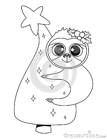 Christmas baby sloth colouring book page. Vector illustration. Cartoon Illustration