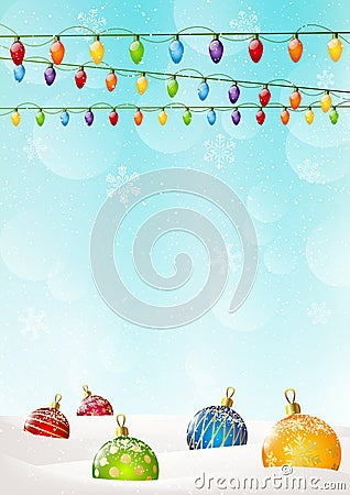 Christmas background with balls and light bulbs Vector Illustration