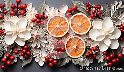 Christmas background with berries, orange slices and flowers. AI generated Stock Photo