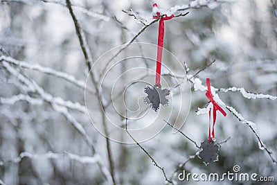 Christmas background of black ceramic decoration shape of snowflakes with red ribbon on tree branches Stock Photo