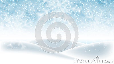 Christmas background, blue winter sky with falling snow and huge snowdrifts. Beautiful winter landscape, holiday scene Vector Illustration