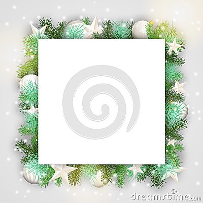 Christmas background with branches and white ornaments Vector Illustration