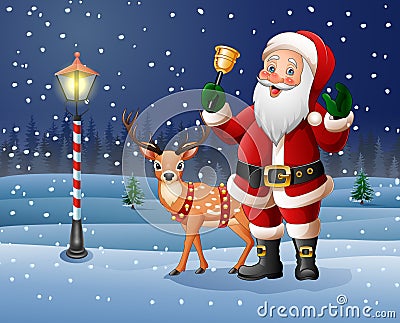 Christmas background with Cartoon Santa Claus ringing bell Vector Illustration