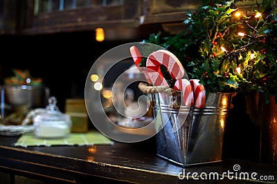 Christmas background, celebration, New Year`s eve party concept. Christmas candy in a bucket. Beautiful embellishments Stock Photo