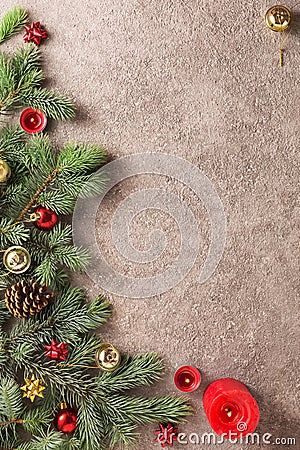 Christmas background with Christmas tree decorated colorful Christmas decorations, top view Stock Photo