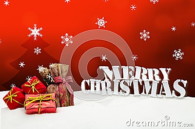 Christmas background - Christmas tree - gifts - red - Snow Stock Photo