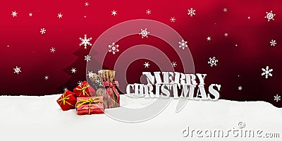 Christmas background - Christmas tree - gifts - red - Snow Stock Photo