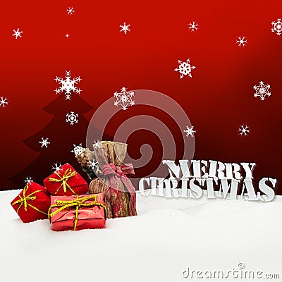 Christmas background - Christmas tree - gifts - red - Snow Stock Photo