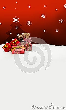 Christmas background - Christmas tree - gifts - red - Snow Stock Photo