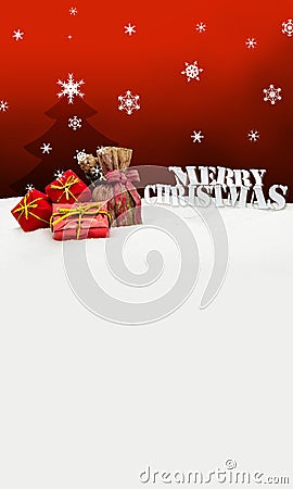 Christmas background - Christmas tree - gifts - red - Snow Stock Photo