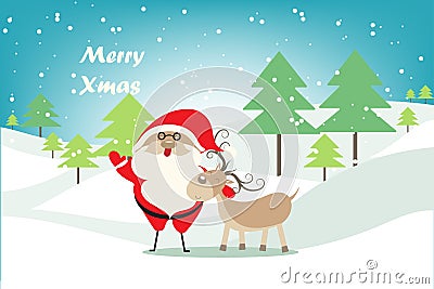 Christmas background with Christmas tree , Santa Claus and deer in snowy landscape. Vector Illustration