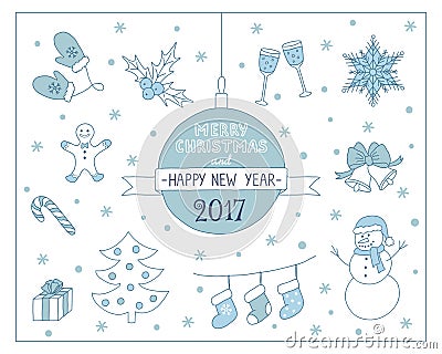 Christmas background with christmas tree, snowman, gingerbread, holly berry, etc. Vector illustration. Vector Illustration