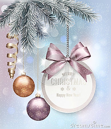 Christmas background with colorful balls and gift card. Vector Illustration