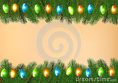 Christmas background with colorful garland and fir branches Vector Illustration