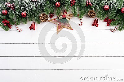 Christmas background concept. Top view of Christmas gift box red balls with spruce branches, Stock Photo