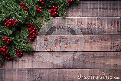 Christmas background concept.op view of Christmas spruce branches, pine cones, red berries Stock Photo