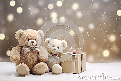 Christmas background with couple teddy bears with Copy space Stock Photo