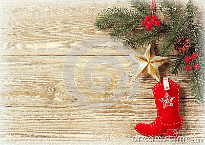 Christmas background with cowboy shoe decoration Stock Photo