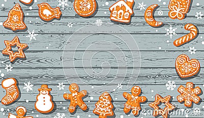 Christmas background. Cute gingerbread cookies on old blue wooden table with copy space Vector Illustration