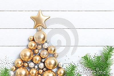 Christmas background 3d rendering many gold ball and star wood floor top view Stock Photo