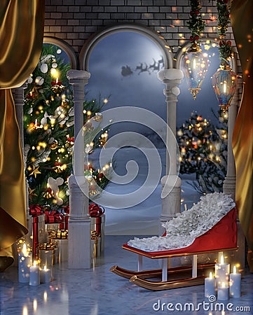 Christmas background, decorated Christmas tree, snow sledge, present boxes, winter backdrop, Christmas background Stock Photo