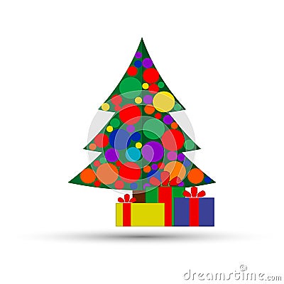 Christmas background with decorated tree and gift boxes. Colorful flat presents for holiday. Modern design. Christmas Vector Illustration