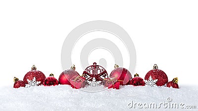 Christmas background with decorations and christmas balls on snow isolated on white background Stock Photo