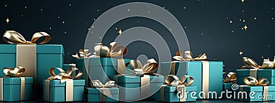 Christmas background with decorations and gifts. Green boxes with presents Stock Photo