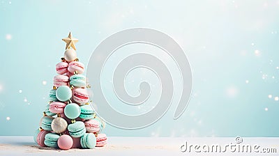 Christmas background with decorative Christmas tree with copy space. Sweet macaroons arranged in a Christmas tree with a Stock Photo