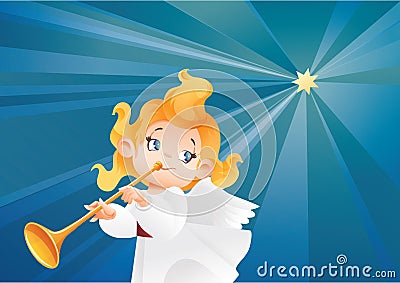 Kid angel musician flying on a night sky, making fanfare call Vector Illustration