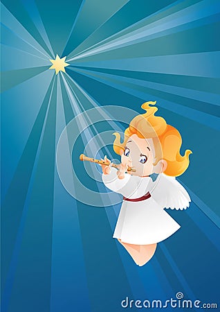 Kid angel musician flutis, flautist flying on a night sky making Vector Illustration