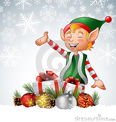 Christmas background with elf, deer and gift boxes Vector Illustration