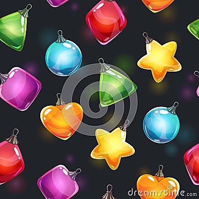 Christmas background. Festive seamless pattern with colorful glossy New Year shiny toys. Vector Illustration
