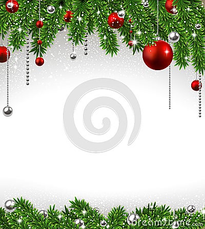Christmas background with fir branches and balls. Vector Illustration