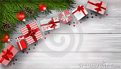 New Year or Christmas background with fir branches and bunch of red gift boxes on white wooden table Cartoon Illustration